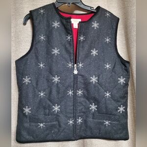 Talbots SZ M Winter silver metalic snowflake zip up glitter wool blend vest